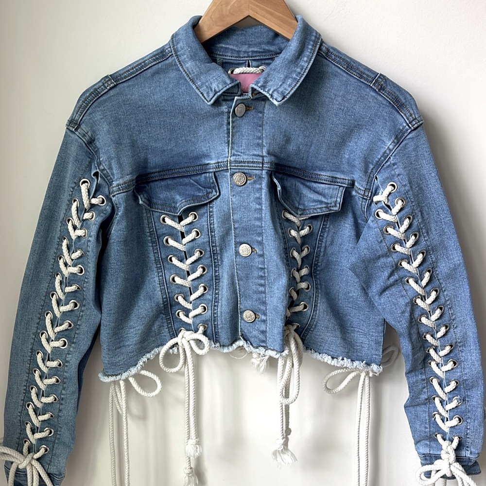 Azalea Wang Lace Up Cropped Denim Jacket Button Front Festival Boho Size S